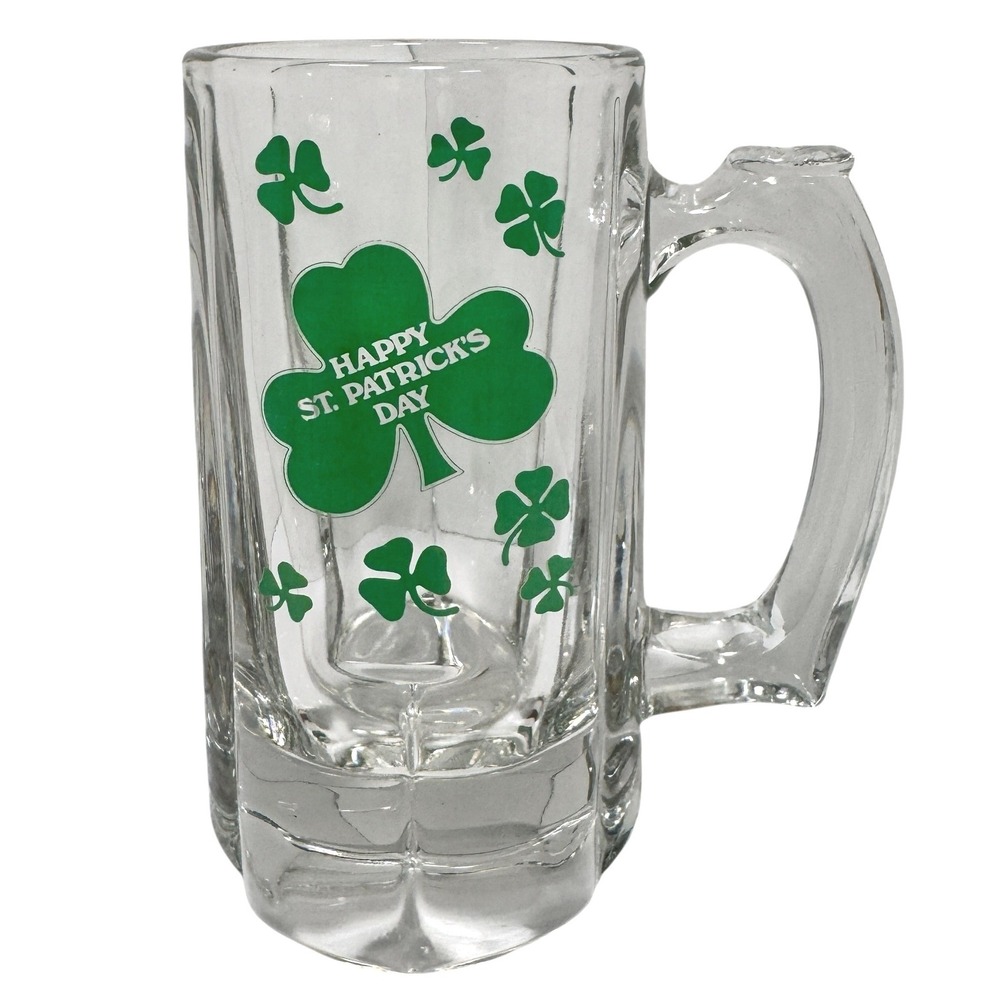 Happy St Patricks Day Glass Beer Mug Green Shamrock Clover Stein Heavy 6"